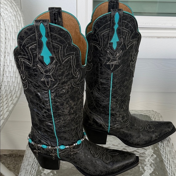Black and Turquoise Women's Western Boots - Picture 3 of 10